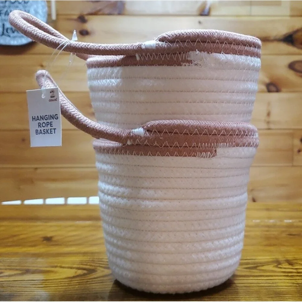 2ct Hanging Rope Baskets Cream/pink(rose) flower pot , herb, great for any plant